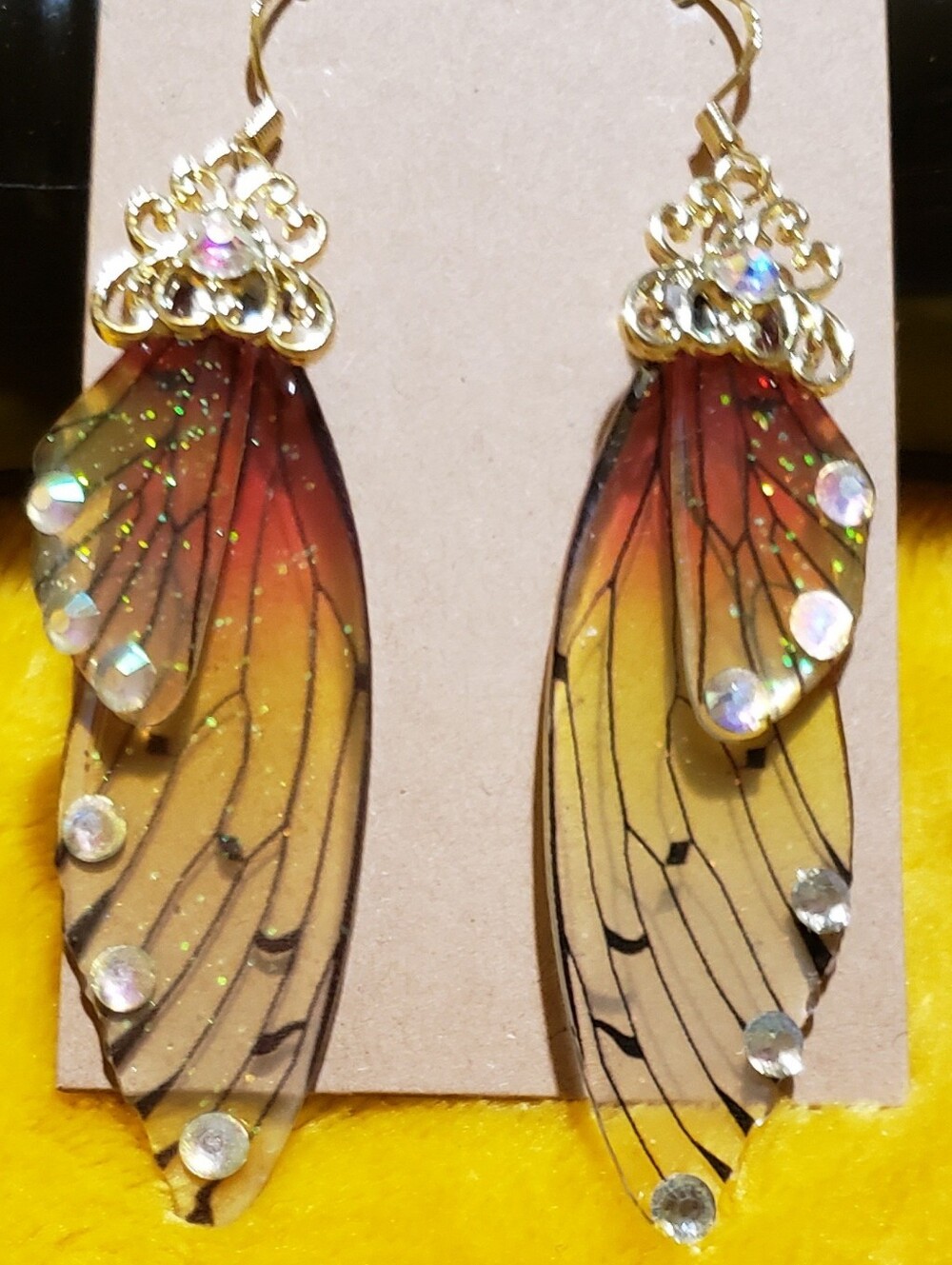 Gold Filigree Butterfly Wing Earrings - Yellow & Pink